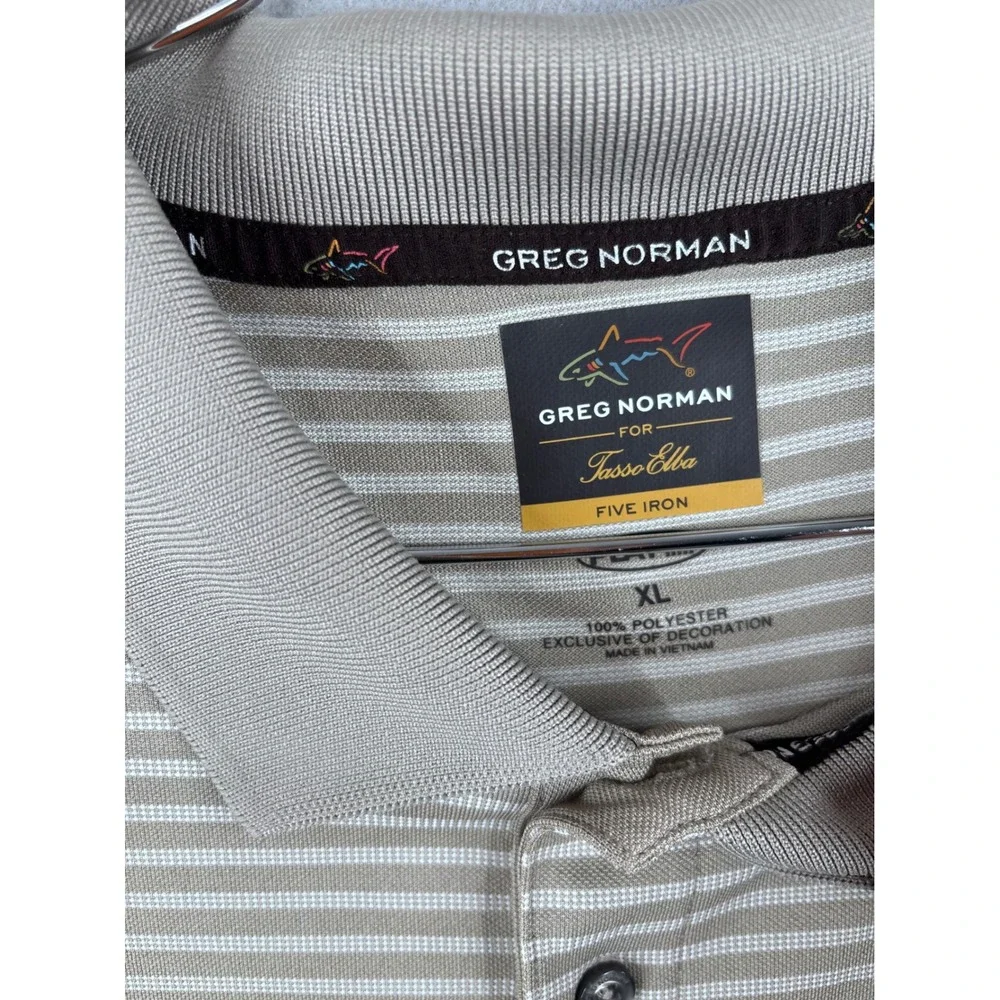 Greg Norman Tasso Elba Five Iron Tan White Striped Golf Polo Shirt Mens XL